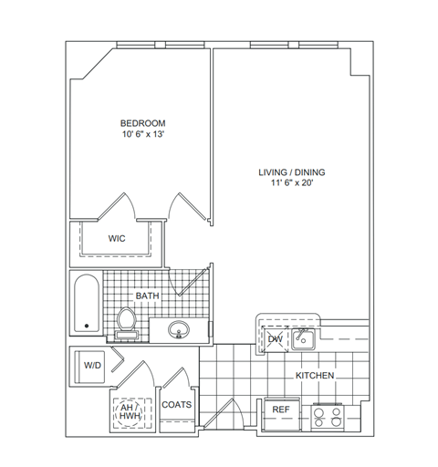 Floor plan for 1 bed, 1 bath, 714 sqft